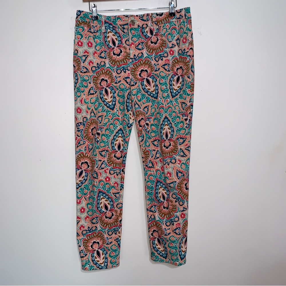 Chico's 0.5R So Slimming Girlfriend Ankle Jeans Geometric Green Peach Small 6